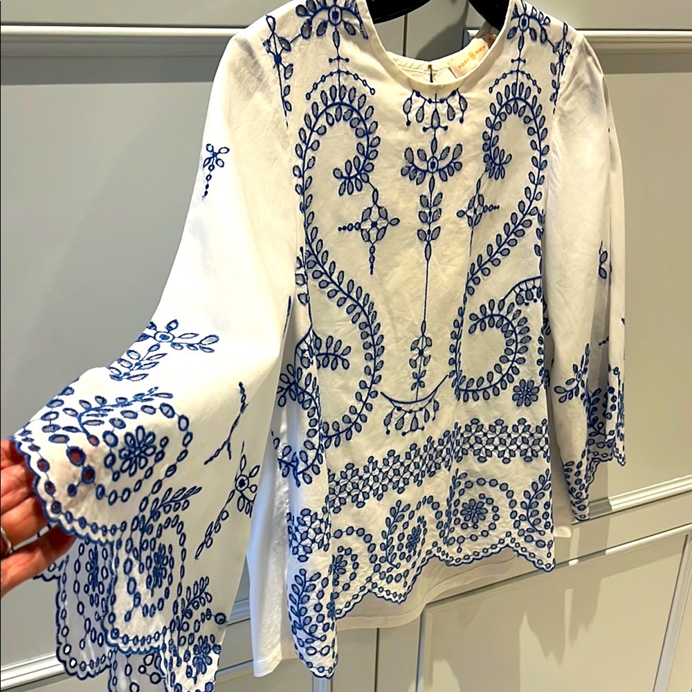 Tory Burch White Top with Blue Embroidery